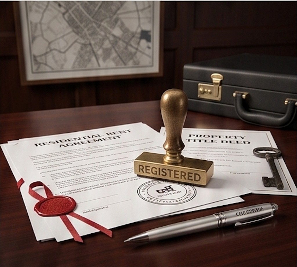 Registered rent agreement and property title deed with a REGISTERED stamp on a desk